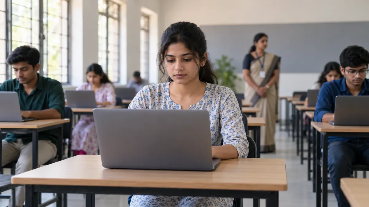 Indian college student taking a supervised online exam on a laptop