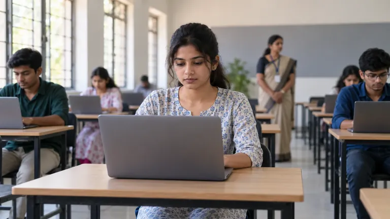 Indian college student taking a supervised online exam on a laptop